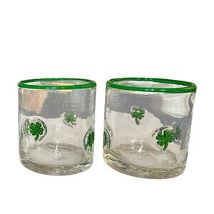 New Shamrock Rocks Glasses Set Of 2 Green Rim 10 oz. New with Tags 4” Tall